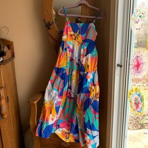 J. Crew Bright Blue and Coral Striped Lined Sundress
